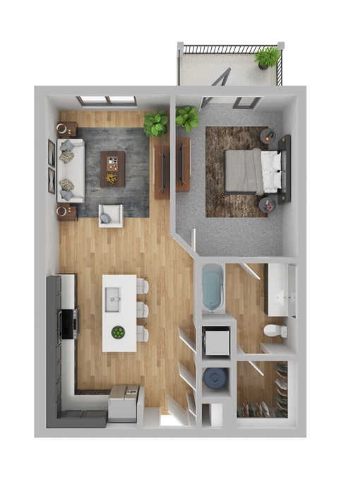 A top-down view of a small apartment with a kitchen, living room, and bathroom.